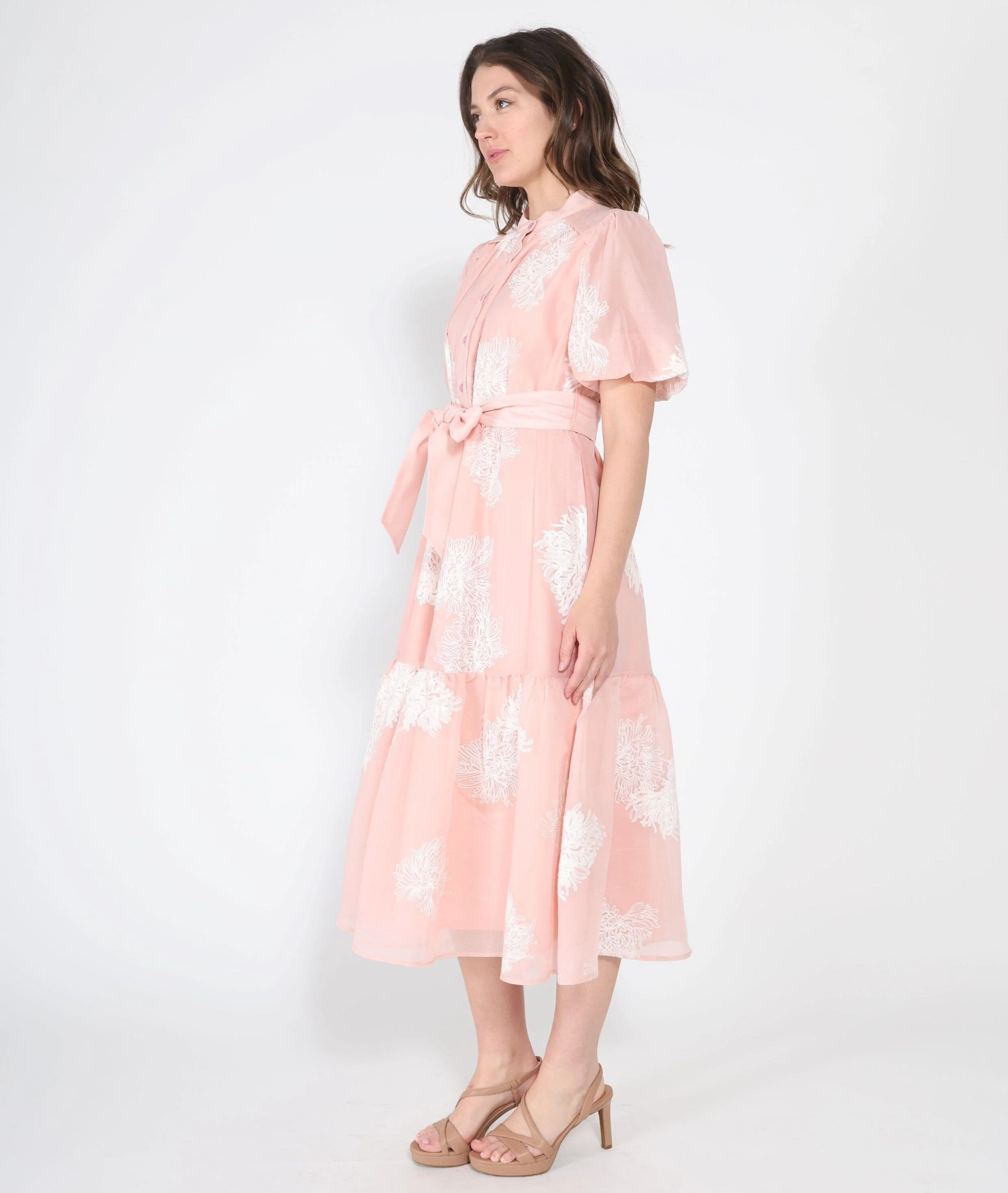Short Puff Sleeve Embroidery Detail Midi Dress - Image 3