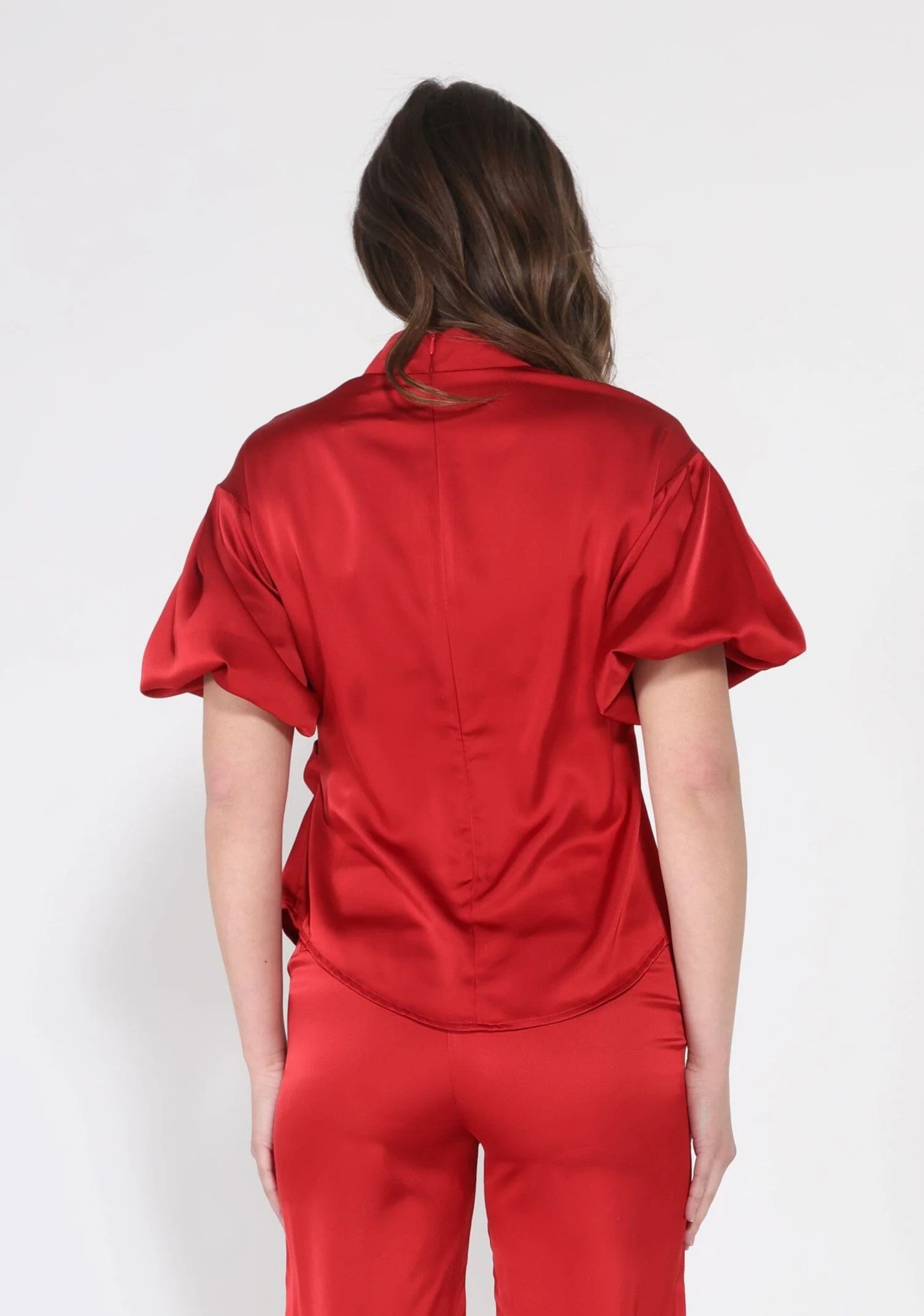 Side Twist Knot Mock Neck Puff Sleeve Satin Top - Image 8