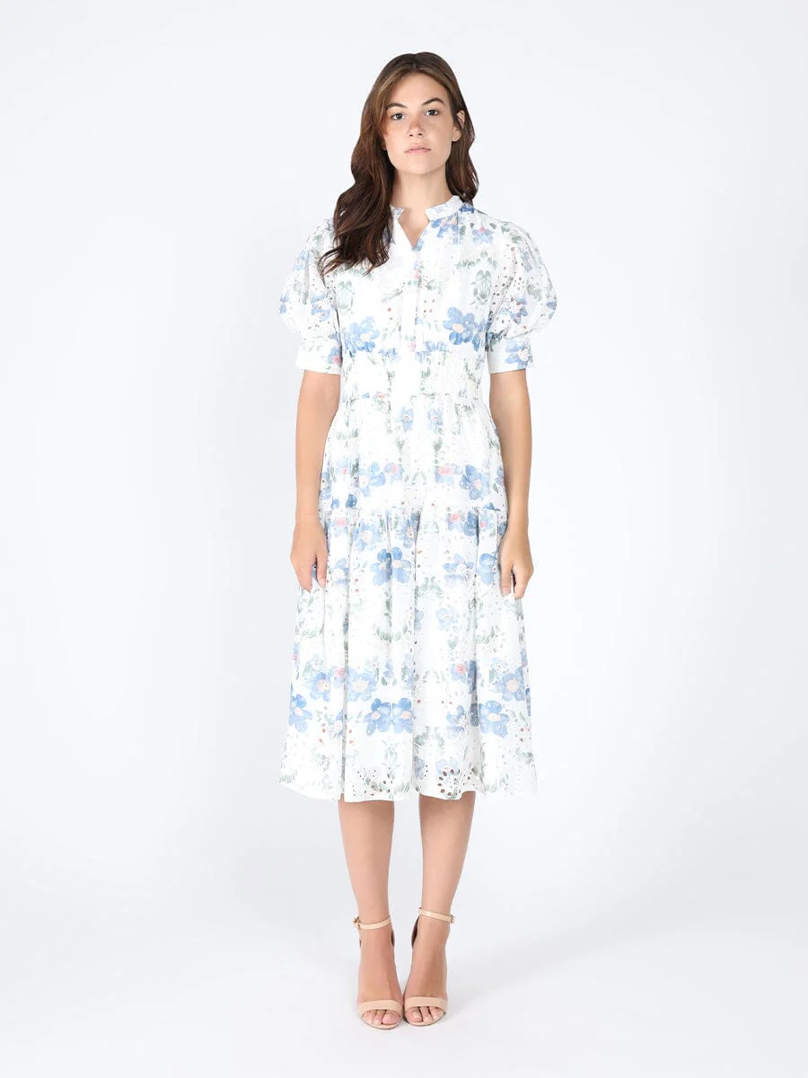 Smocked Waist Puff Sleeve Floral Eyelet Dress