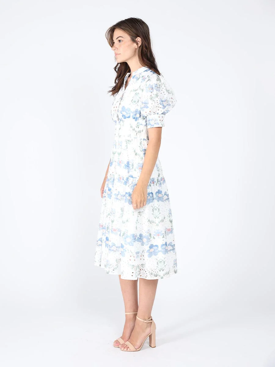 Smocked Waist Puff Sleeve Floral Eyelet Dress - Image 3