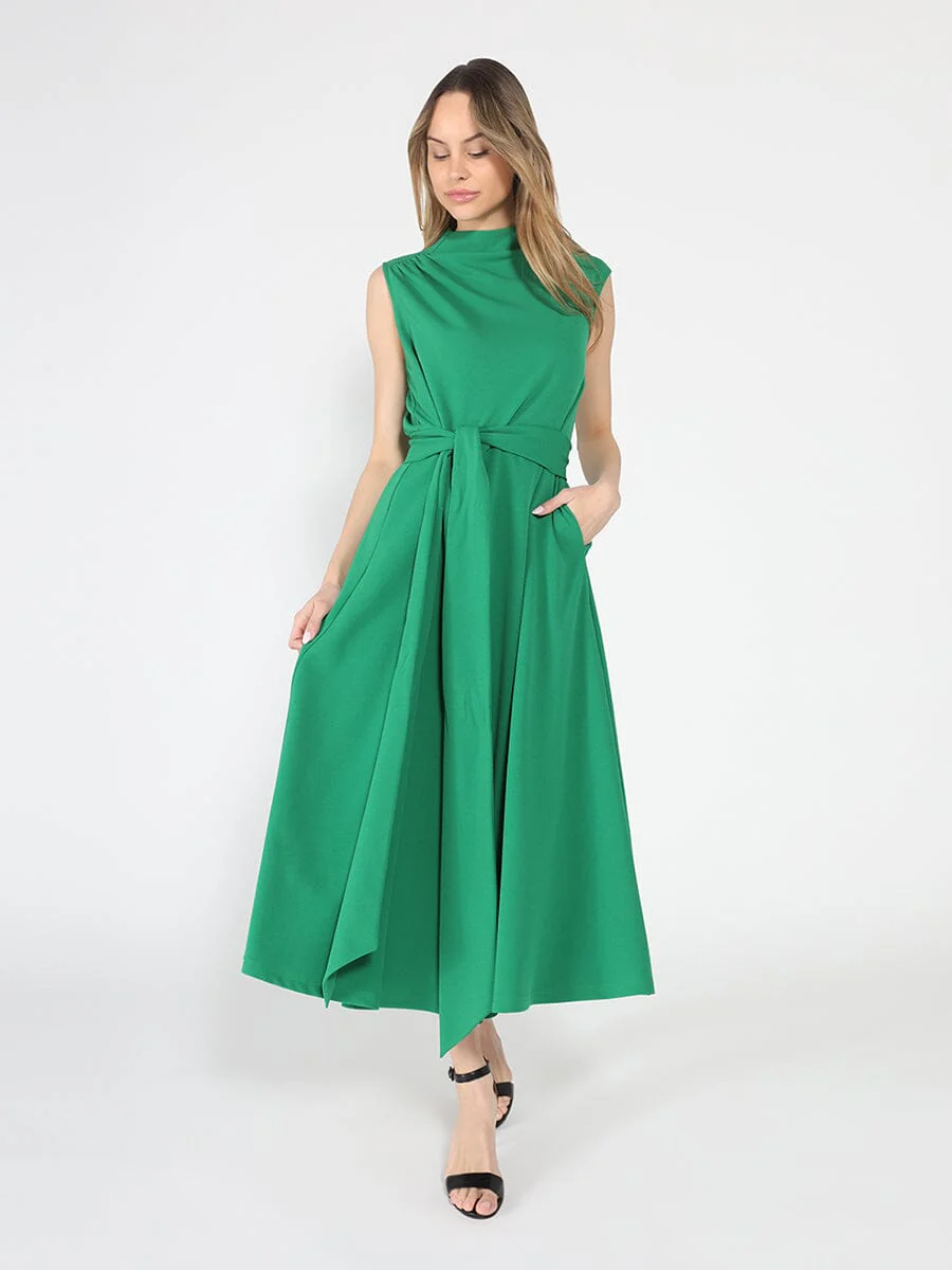 Solid Color Front Tie Belt Mock Neck Dress - Image 2