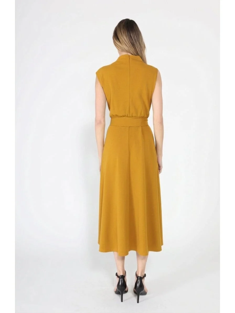 Solid Color Front Tie Belt Mock Neck Dress - Image 8