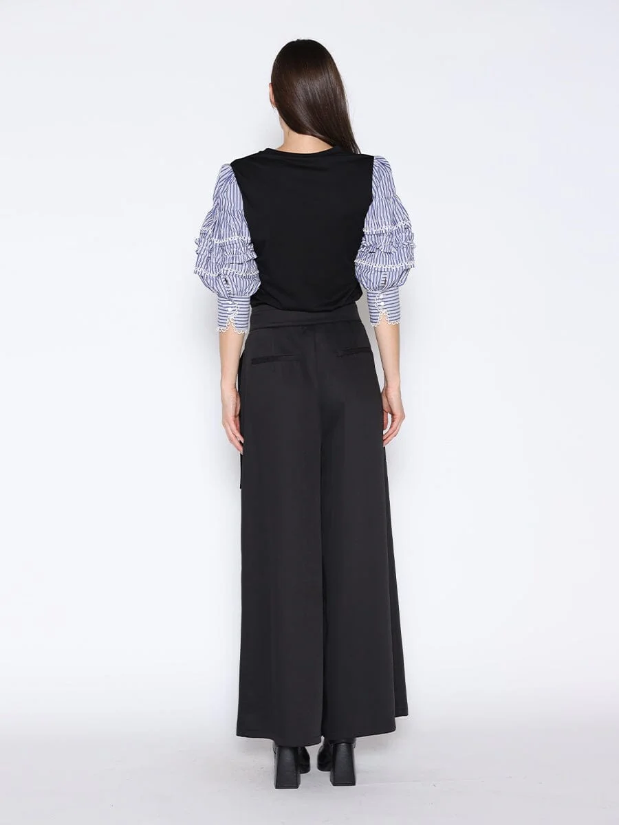 Solid Color T-Shirt with Long Striped Puff Sleeve - Image 4