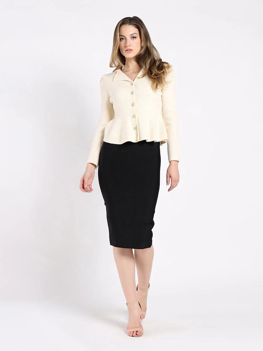Textured Button Down Collared Peplum Cardigan - Image 2