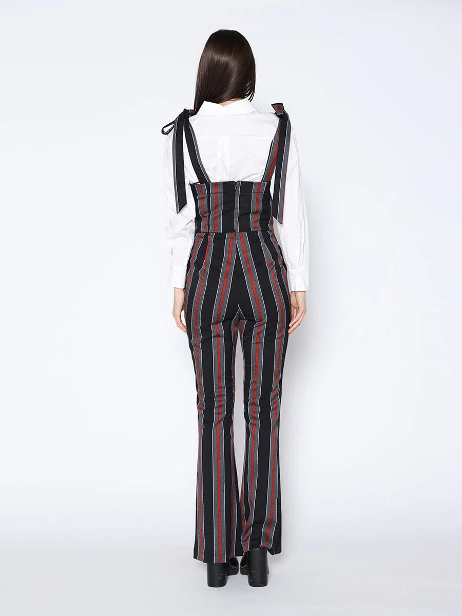 Tie-Shoulder Wide Leg Striped Overall Jumpsuit - Image 4