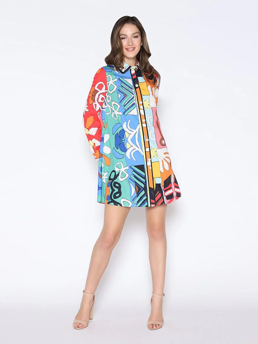 Tribal Print Pearl Button-Down Shirt Dress - Image 2